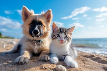 Fototapeta na wymiar Cute cat and dog enjoying summer on the beach