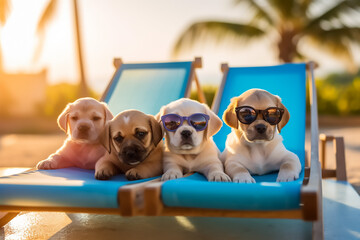 very cute dogs relaxing on the beach lounge chairs