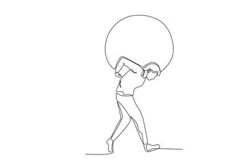 A man lifts a weight on his back. Work obstacle one-line drawing