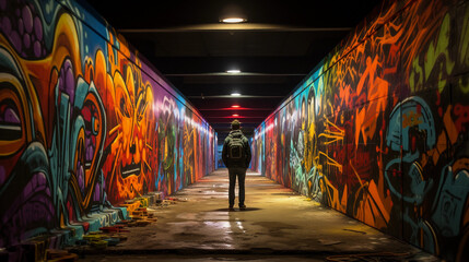 A graffiti - infused pedestrian tunnel, an explosion of colors in the dim light, with a lone musician playing soulful tunes. Low light, echo of the music, urban solitude