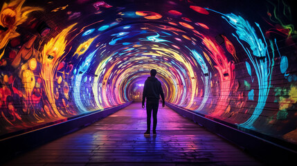 A graffiti - infused pedestrian tunnel, an explosion of colors in the dim light, with a lone...