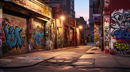 Fototapeta premium A gritty city street bathed in the evening's soft amber light, richly decorated with vibrant graffiti murals. Photorealistic, spray paint art, multi - colored, chaotic yet expressive