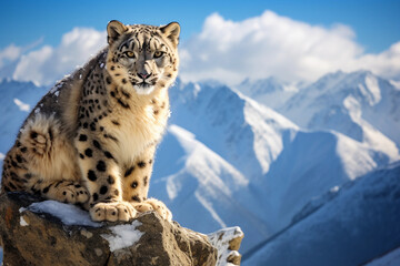 A serene image of a snow leopard perched high on a Himalayan cliff, overlooking a valley, symbolizing the struggle of endangered species