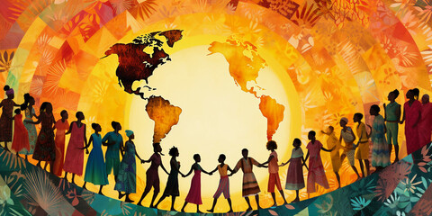 Digital collage, unity in diversity, various races, ethnicities, ages, and genders, interlocking hands, forming a circle of solidarity, rich textures, vivid colors symbolizing various cultures, tradit