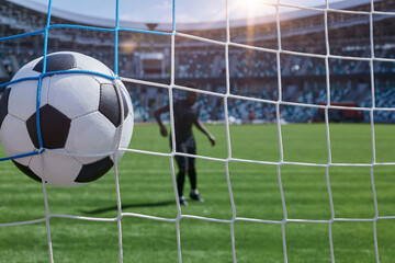 soccer player kicks the ball into the goal at the stadium - Powered by Adobe
