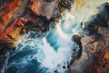Abstract aerial photography of a cascading waterfall, vivid color palette, misty waters, surreal perspective, shot on a DJI Phantom 4, on a sunny day, late afternoon