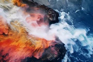 Wall murals Fire Abstract aerial photography of a cascading waterfall, vivid color palette, misty waters, surreal perspective, shot on a DJI Phantom 4, on a sunny day, late afternoon