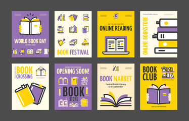 Bookstore, Club, Festival and Market Placard Poster Banner Card Template Set. Vector illustration of Book Store - 619537923