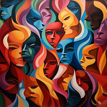 Abstract art representation of diversity and inclusion, various shapes and colors intertwining to form a harmonious pattern, symbolizing a multitude of races, ethnicities, genders, and ages, painted i