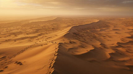Obraz na płótnie Canvas Aerial perspective, endless sand dunes, complex textures, golden hour, camel train visible, taken with DJI Phantom 3 Pro, rich contrast, sepia tones, f2. 8