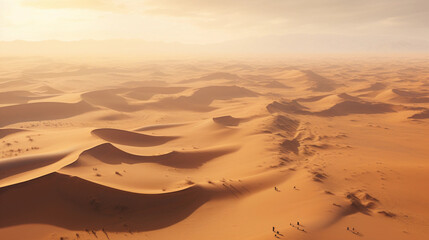 Fototapeta na wymiar Aerial perspective, endless sand dunes, complex textures, golden hour, camel train visible, taken with DJI Phantom 3 Pro, rich contrast, sepia tones, f2. 8