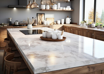 Kitchen with white marble countertops in ultra-realistic Scandinavian style, luxury, ai generative
