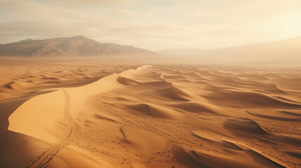 Aerial perspective, endless sand dunes, complex textures, golden hour, camel train visible, rich contrast, sepia tones