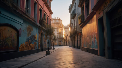 An empty, quiet city street at dawn, lined with vibrant murals, pastel colors, empty except for a...