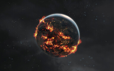 3D illustration of Earth planet in fire. Explosion of planet. 5K realistic science fiction art. Elements of image provided by Nasa