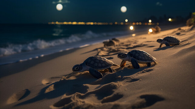An evocative, photorealistic picture of baby turtles hatching on a beach, making their treacherous journey to the sea, a testament to the success of conservation efforts