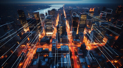 Plakat Bird's eye view of a vibrant, bustling cityscape at dusk, geometric pattern of streets and buildings, neon lights, DJI Mavic Pro, long exposure
