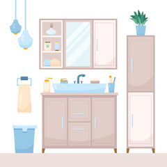 Flat bathroom interior design with shelf and bottles. Bathroom items of cabinet with sink and mirror near towel holder. Vector cartoon illustration with washing accessories and toothpaste with soap