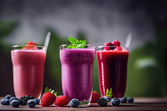 Raspberry strawberry and blueberry smoothie garnished with fresh berries in glasses. Generative Ai