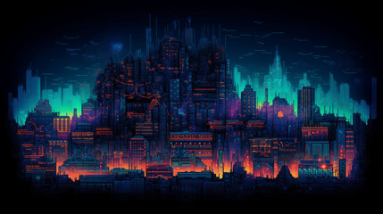 Obraz na płótnie Canvas Cybersecurity landscape in 8 - bit retro gaming style, a large, towering firewall on a digital plain, electric neon color palette, pixellated elements of code and binary