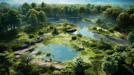 Digitally rendered image of a serene wildlife sanctuary, from a bird's eye view, showcasing various habitats, a balance of natural elements, photorealistic style with rich, natural colors, spring seas