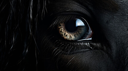 Naklejka premium Close Up of the Opalescent Eye of a Majestic Black Horse, Studio Lighting Effect with Intricate Details - Generative AI