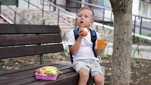 A little boy is sitting on a bench eating an apple and drinking juice. The child has a snack before school.