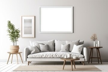 Blank poster frame mock up in minimal Scandinavian white style living room interior, modern living room interior background