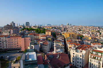 Beyoglu and Besiktas historic district aerial view from top of Galata Tower in historic city of Istanbul, Turkey. 