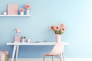 A white desk topped with a pink chair next to a pink vase filled with flowers. Home office workspace concept created with Generative Ai Technology