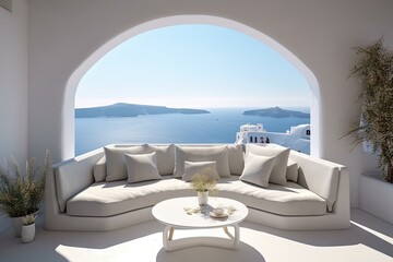 Fototapeta na wymiar Luxury apartment terrace Santorini Interior of modern living room sofa or couch with beautiful sea view, created with Generative Ai Technology