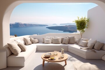 Obraz na płótnie Canvas Luxury apartment terrace Santorini Interior of modern living room sofa or couch with beautiful sea view, created with Generative Ai Technology