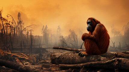 Photorealistic image of deforestation impact, a solitary orangutan in the remnants of a burnt rainforest, visualizing loss of habitat, dramatic mood, monochromatic color scheme with emphasis on red an