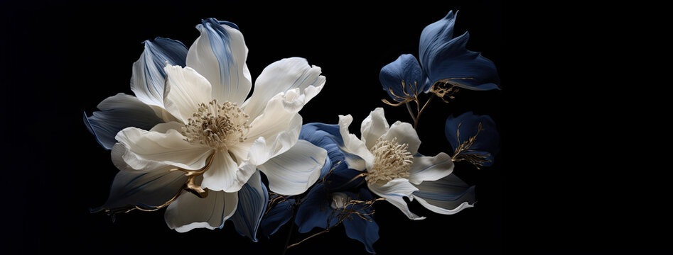 a wallpaper 3d botanical flowers with one big flower for whole artwork flowing alcohol ink style bioluminescence navy blue background, white, gold.