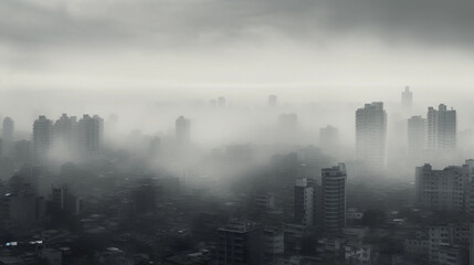Pollution concept, cityscape covered in dense smog, monochromatic, suffocating atmosphere, shot from a high angle
