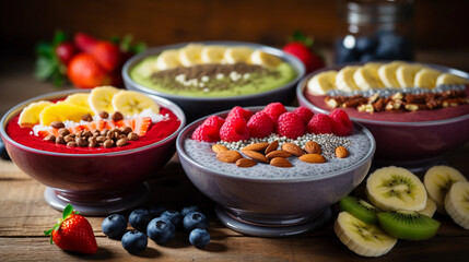 Still life, brightly colored smoothie bowls decorated with various superfoods, chia seeds, goji berries, sliced bananas, on a marble kitchen countertop, natural backlighting