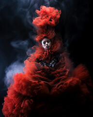 Frau in einem abstraktem roten Kleid, Generative AI