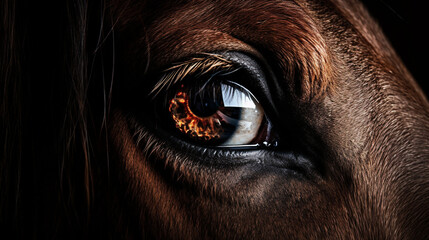 Fototapeta premium Close Up of the Opalescent Eye of a Majestic Brown Horse, Studio Lighting Effect with Intricate Details - Generative AI