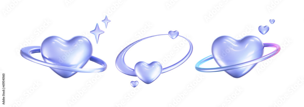 Wall mural 3d holographic hearts in y2k style set isolated on a white background. render of 3d iridescent chrom