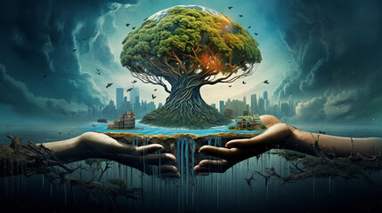 Surreal illustration of Mother Earth, weeping as her hands cradle a dying tree, vivid colors, highly detailed, with city pollution and deforestation in the background, contrasted with lush, vibrant fo