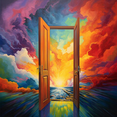 Surrealist depiction of coming out, closed door opening into a rainbow, symbol of self - acceptance and bravery