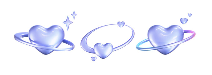 3d holographic hearts in y2k style set isolated on a white background. Render of 3d iridescent chrome hearts with galaxy planet, stars and rainbow gradient effect. 3d vector y2k illustration.
