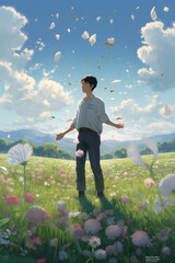 illustration in the style of anime featuring a field of blue sky wildflowers and a young man standing. Japanese manga aesthetic