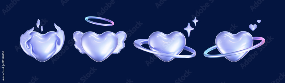Wall mural 3d holographic hearts in y2k style isolated on dark background. render of 3d iridescent chrome heart