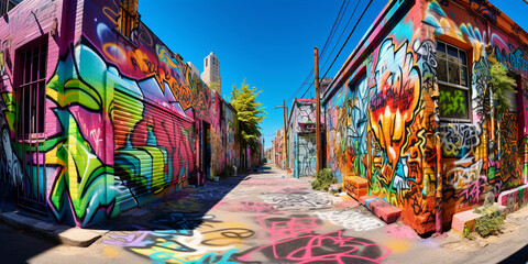 Vibrant, 3D - rendered image of a colorful graffiti - covered alley in the midday sun,...