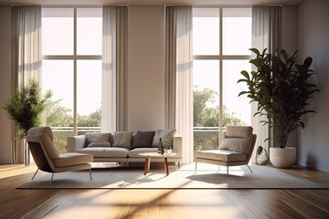 Scandinavian Minimalist Living Room with Natural Light and Elegant chairs, created with Generative Ai Technology