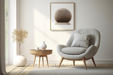 Scandinavian Minimalist Living Room Photo frame with Natural Light and Elegant chair, created with Generative Ai Technology