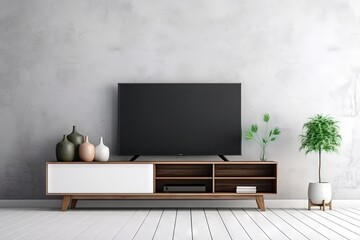 Television put on tv stand wood table, in minimal empty space living room background white wall,  created with Generative Ai Technology