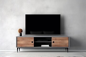 Television put on tv stand wood table, in minimal empty space living room background white wall, created with Generative Ai Technology