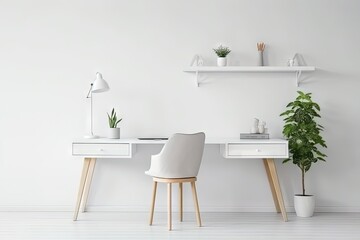 Workspace at home. White table minimal mockup with a white wall, white desk with two chairs and a potted plant, created with Generative Ai Technology
